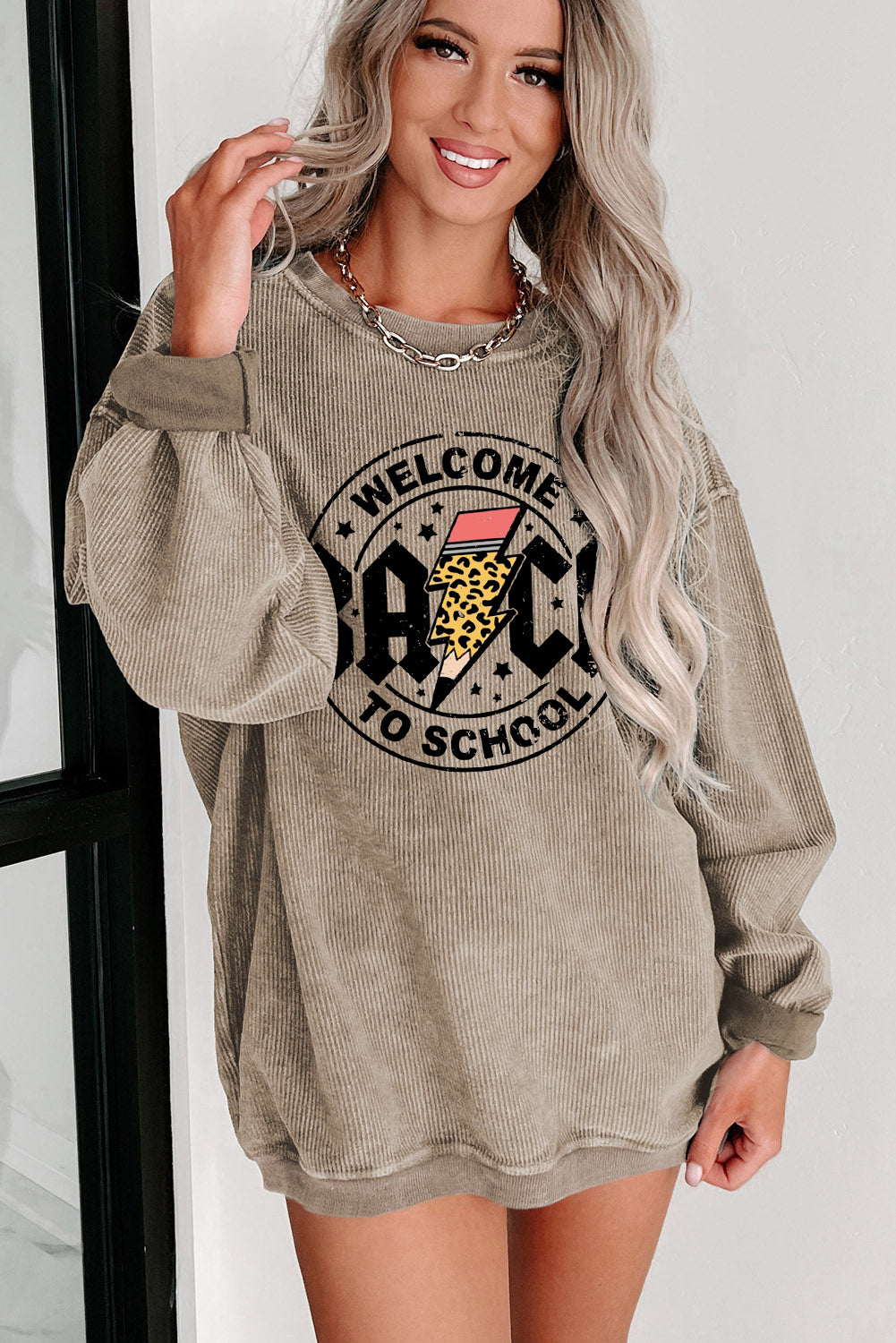 Ribbed Knit Back to School Lightning Graphic Sweatshirt