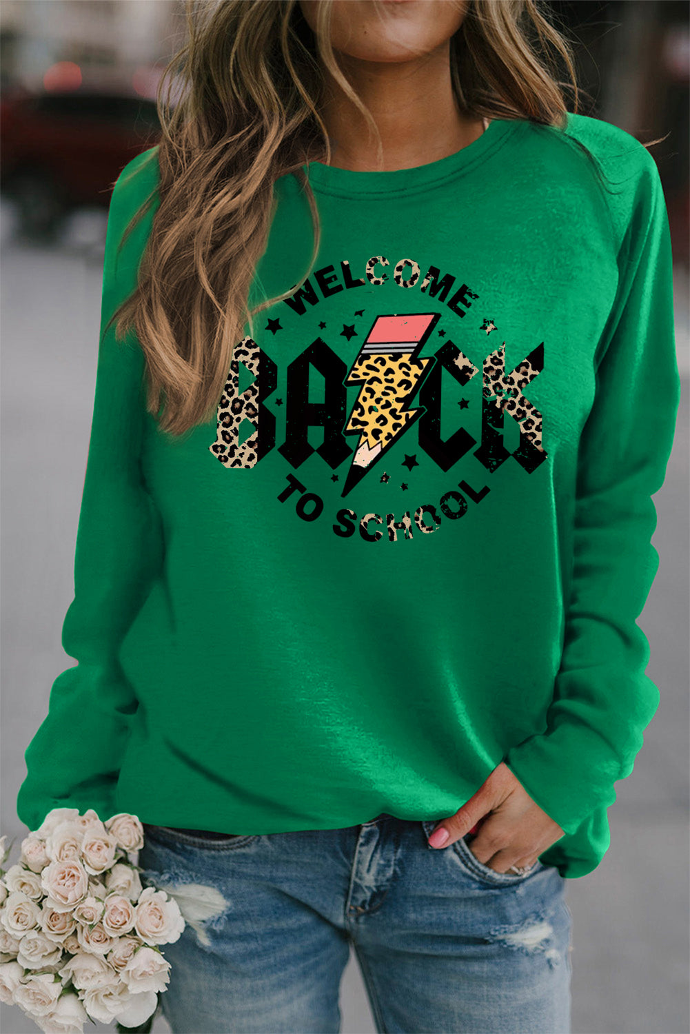 Green Crewneck Teacher Graphic Long Sleeve Pullover