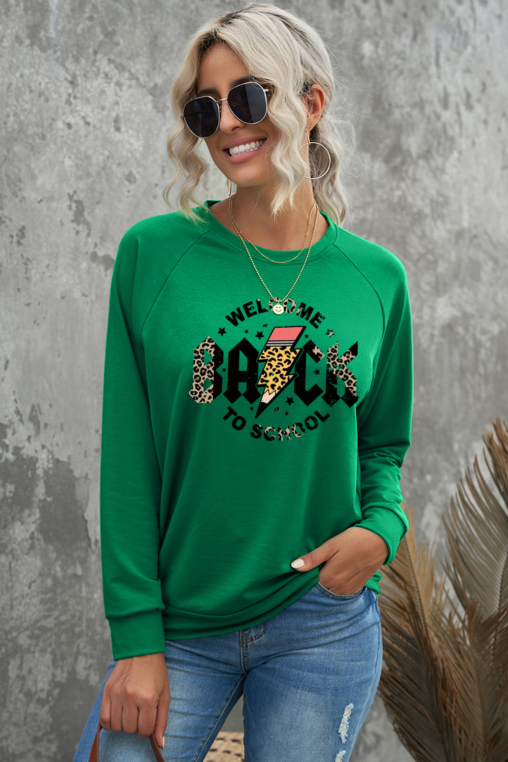 Green Crewneck Teacher Graphic Long Sleeve Pullover