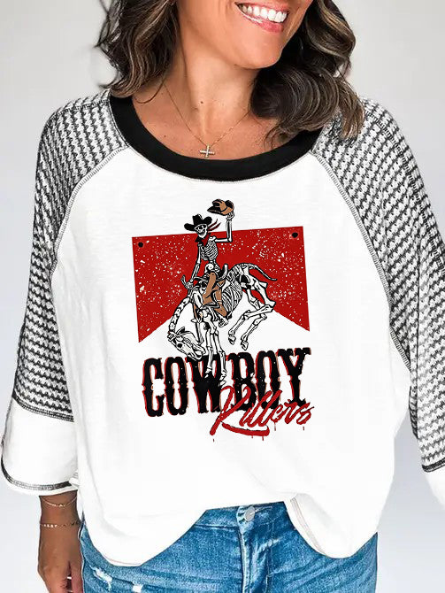 Rodeo Cowboy Print 3/4 Sleeve Western Tee