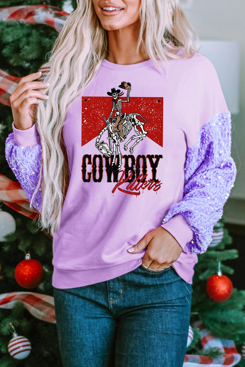 Western Cowboy Print Sequin Patchwork Sweatshirt