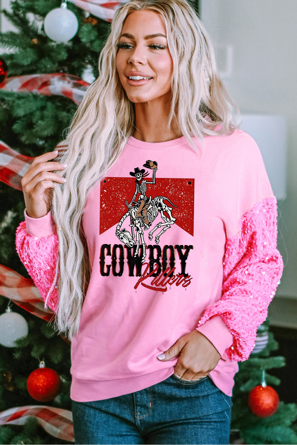 Western Cowboy Print Sequin Patchwork Sweatshirt