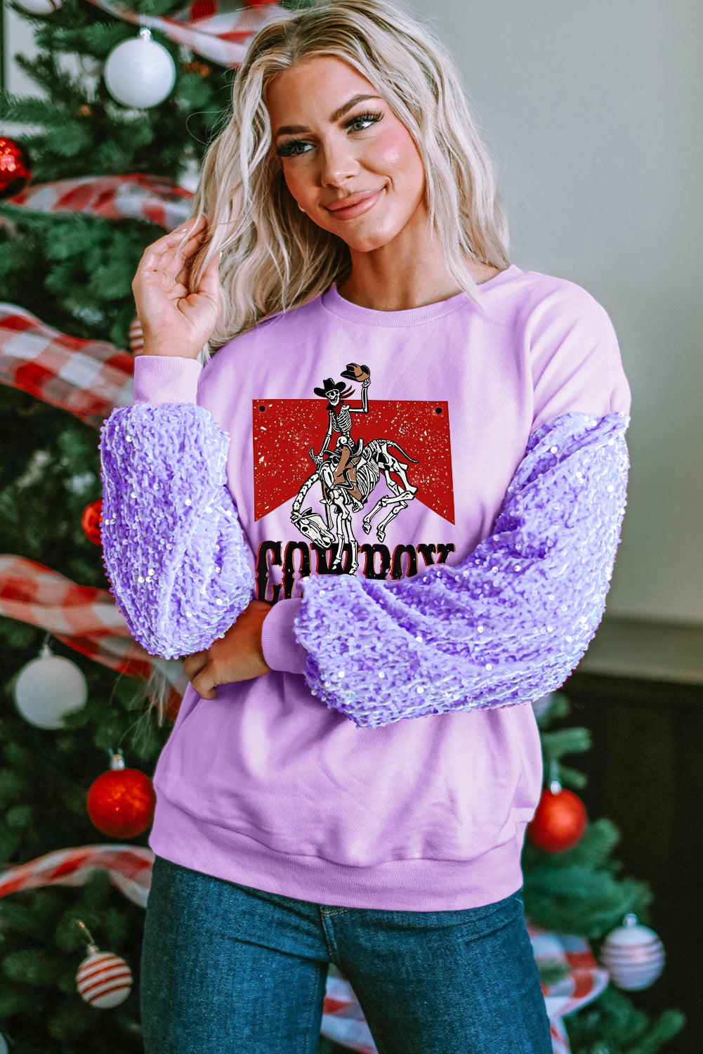 Western Cowboy Print Sequin Patchwork Sweatshirt