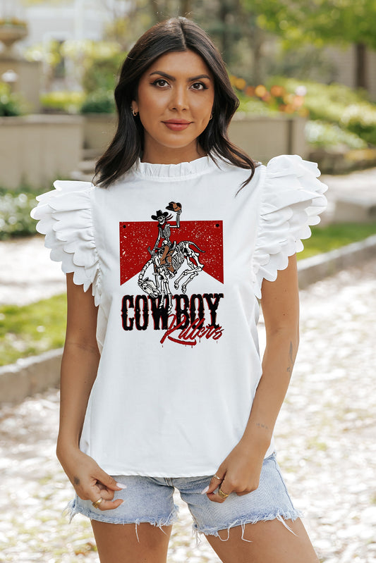 Frilled Sleeve Rodeo Graphic Summer Blouse
