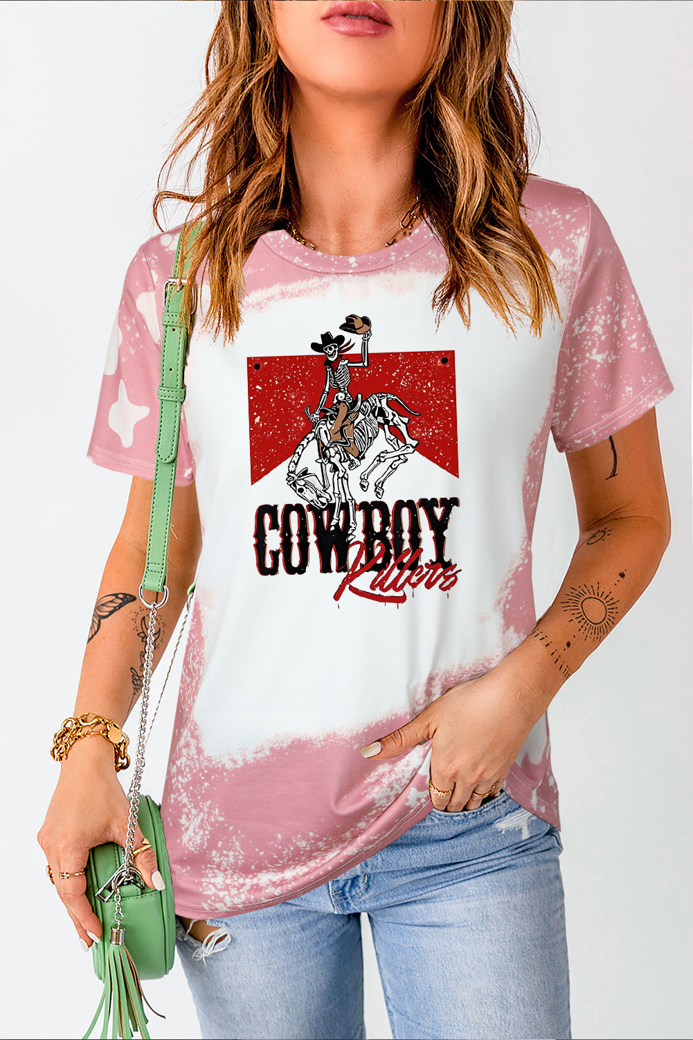 Tie Dye Bleached Cowboy Graphic Crewneck Tee