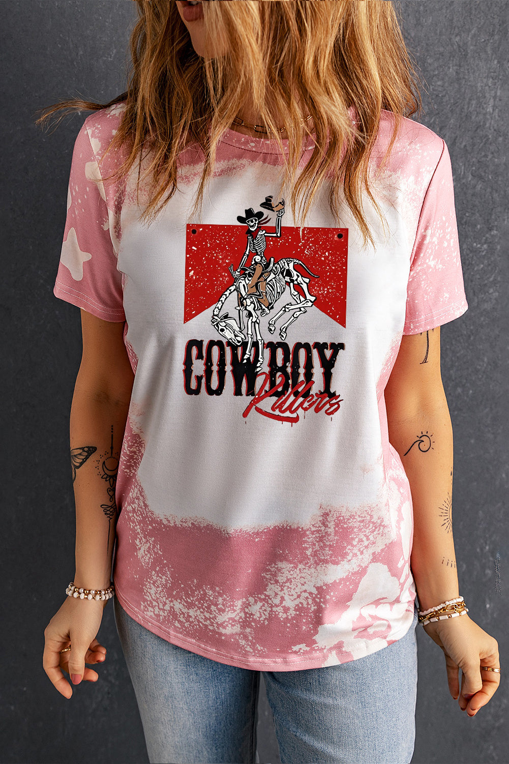 Tie Dye Bleached Cowboy Graphic Crewneck Tee