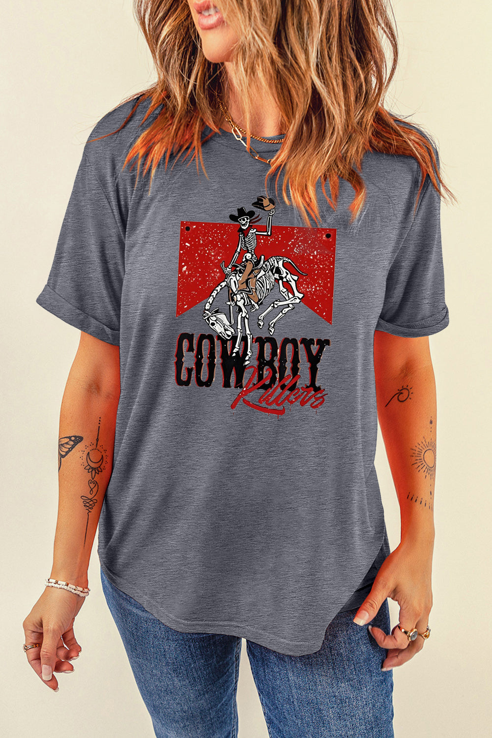 Cowboy Skeleton Graphic Lavender Crew Neck Tee