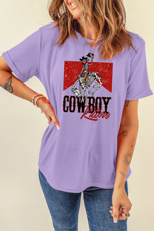 Cowboy Skeleton Graphic Lavender Crew Neck Tee