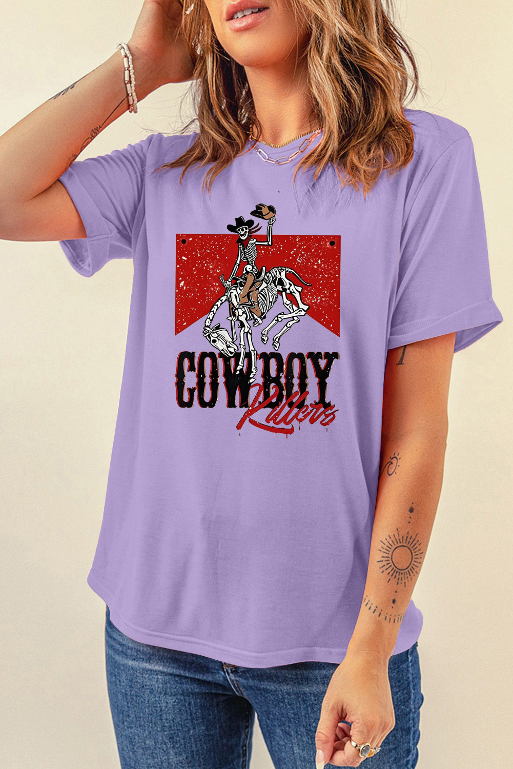 Cowboy Skeleton Graphic Lavender Crew Neck Tee