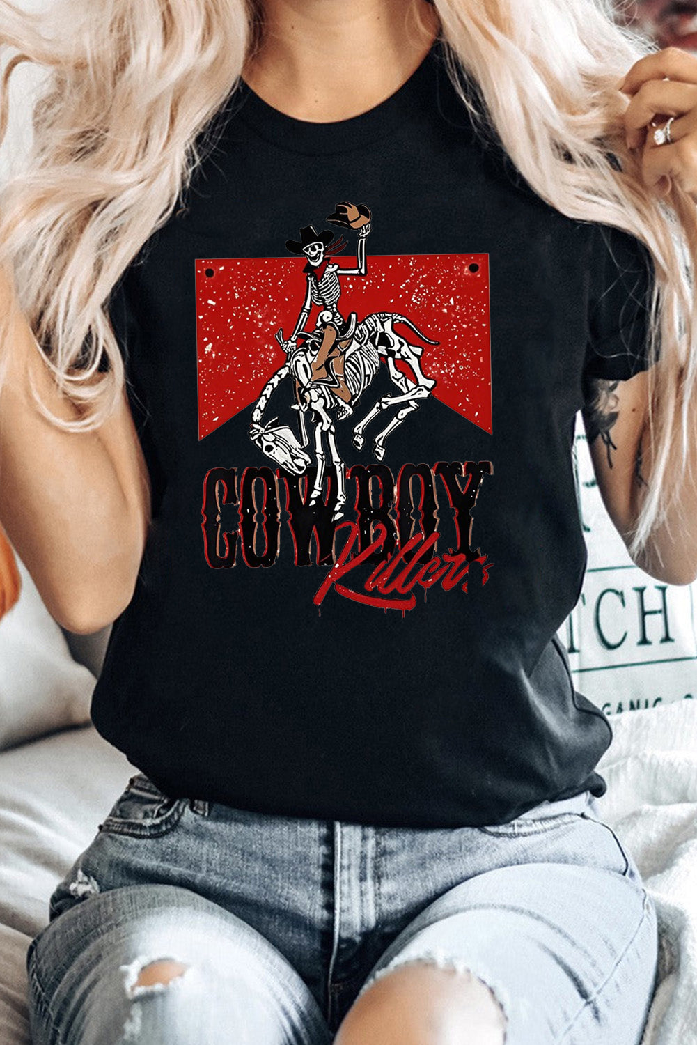Cowboy Skeleton Graphic Lavender Crew Neck Tee