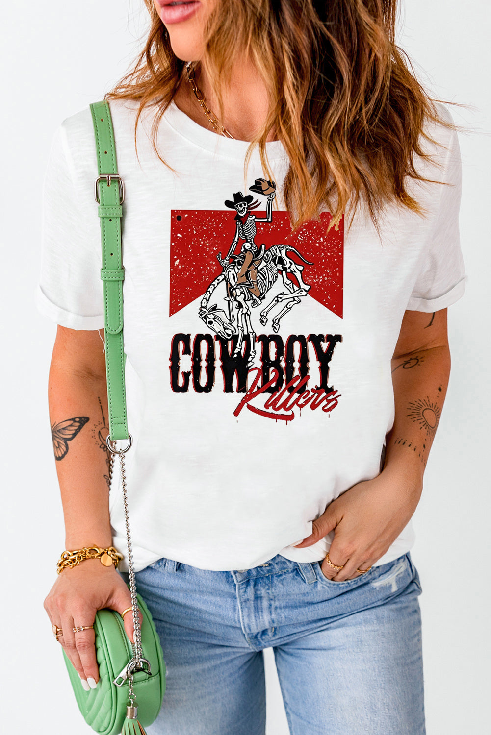 Cowboy Skeleton Graphic Lavender Crew Neck Tee