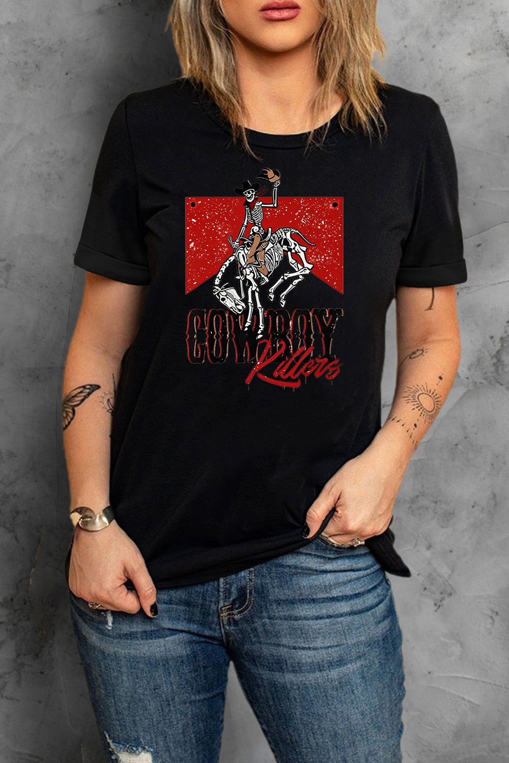 Cowboy Skeleton Graphic Lavender Crew Neck Tee