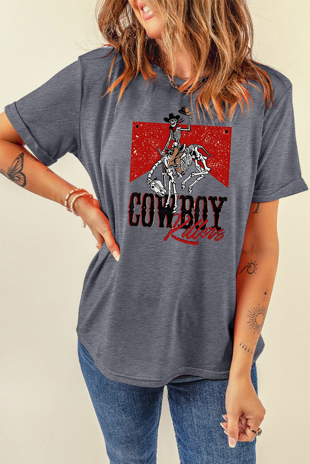 Cowboy Skeleton Graphic Lavender Crew Neck Tee