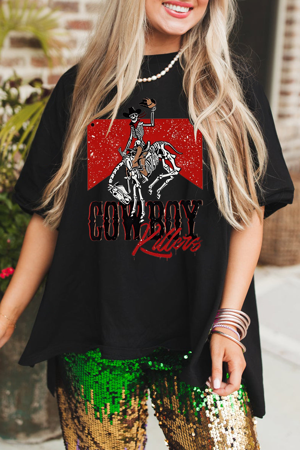 Black Graphic Hi Low Hem Oversized Cowboy Tee