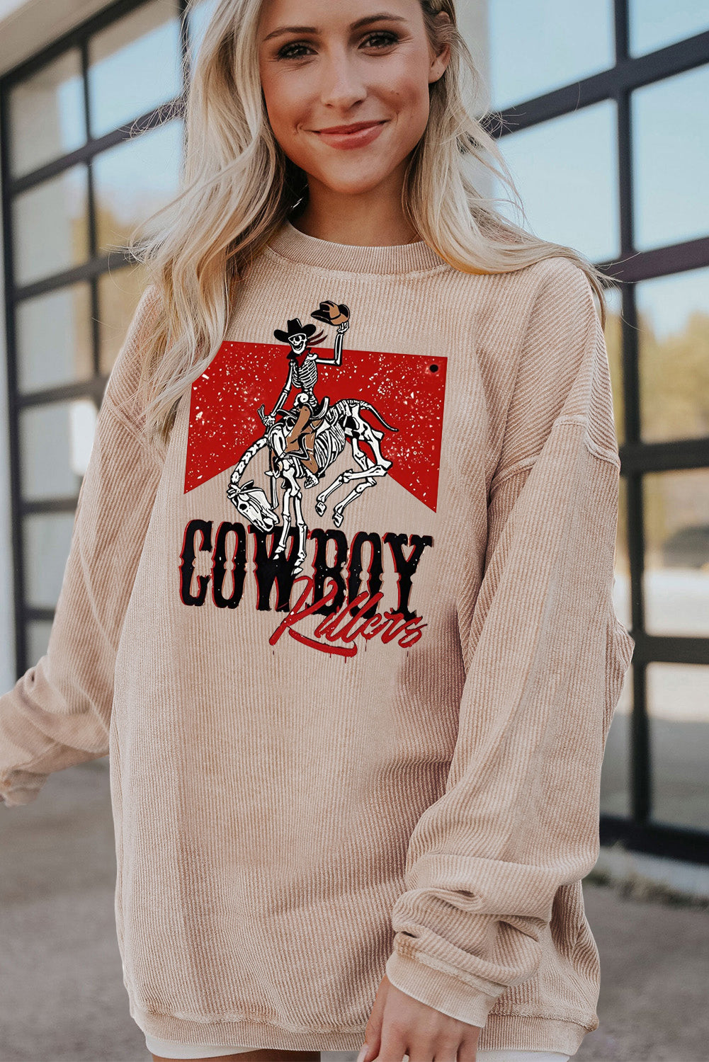 Cowboy Graphic Corduroy Ribbed Oversized Sweatshirt