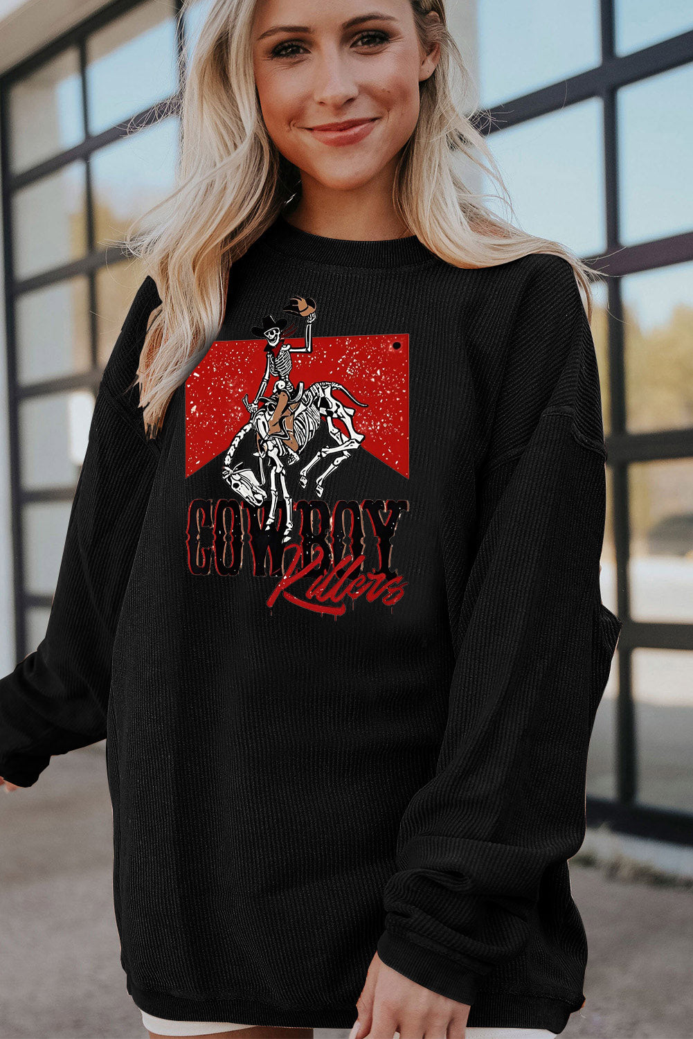 Cowboy Graphic Corduroy Ribbed Oversized Sweatshirt