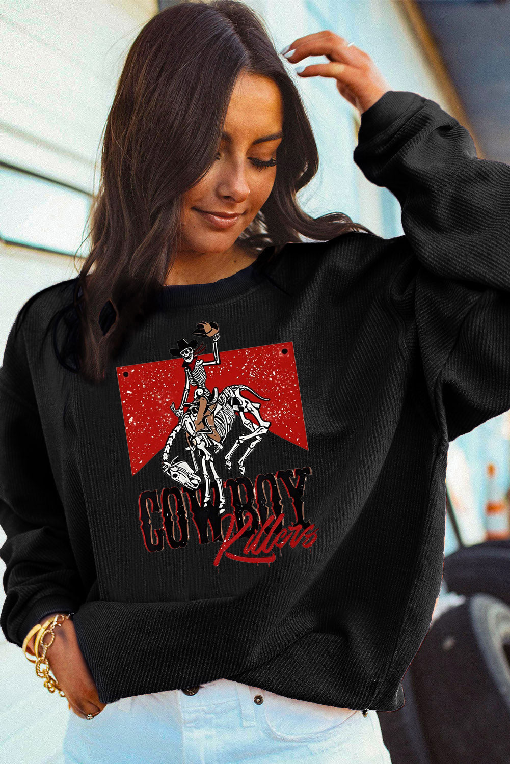 Cowboy Graphic Corduroy Ribbed Oversized Sweatshirt
