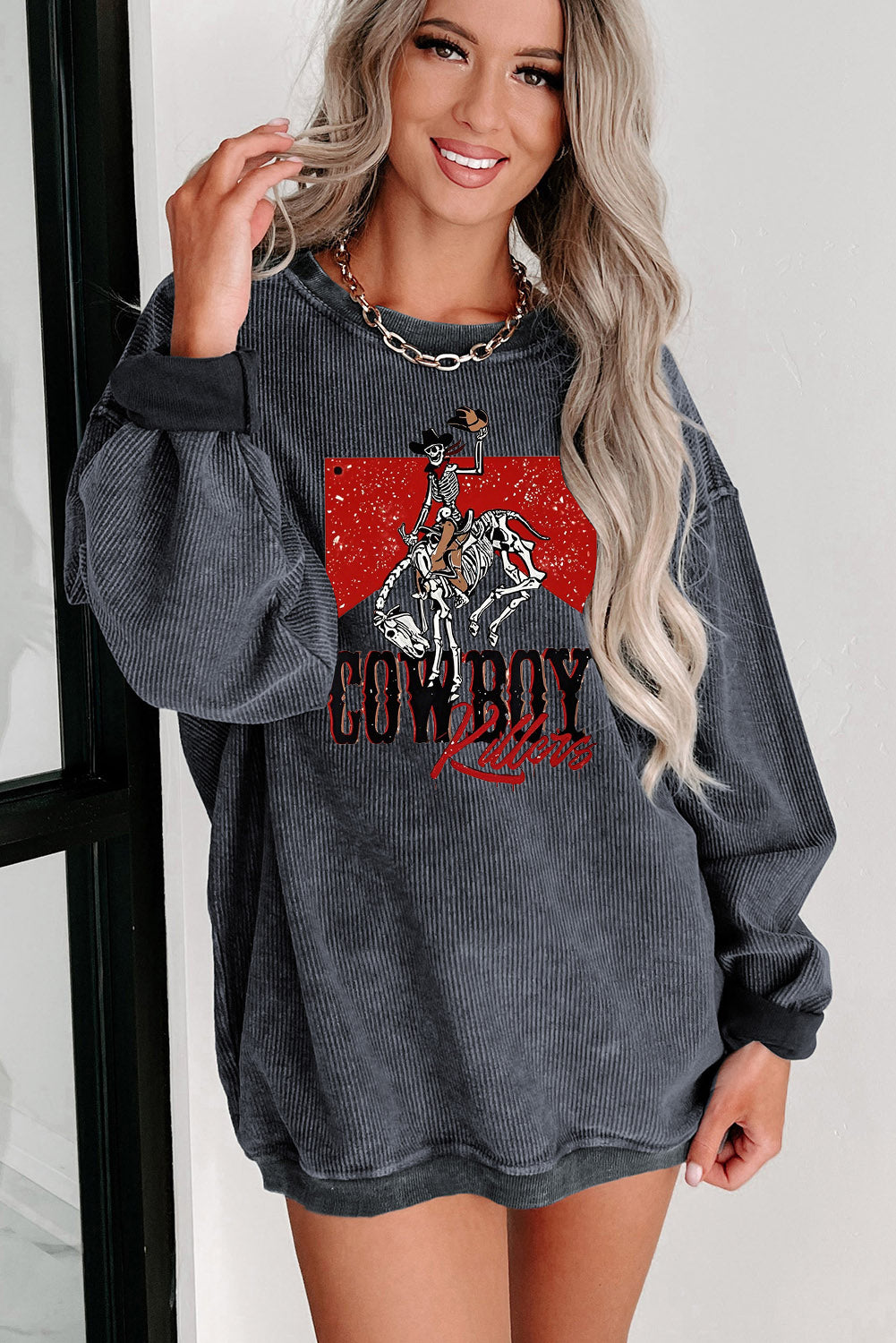 Cowboy Graphic Ribbed Knit Oversized Sweatshirt