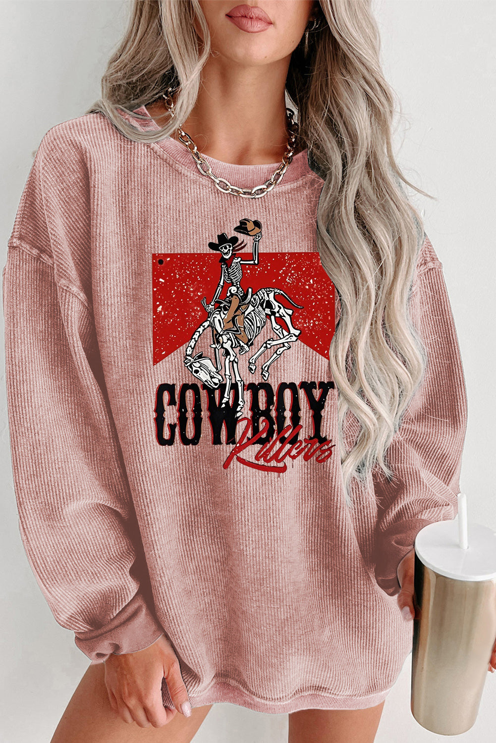 Cowboy Graphic Ribbed Knit Oversized Sweatshirt