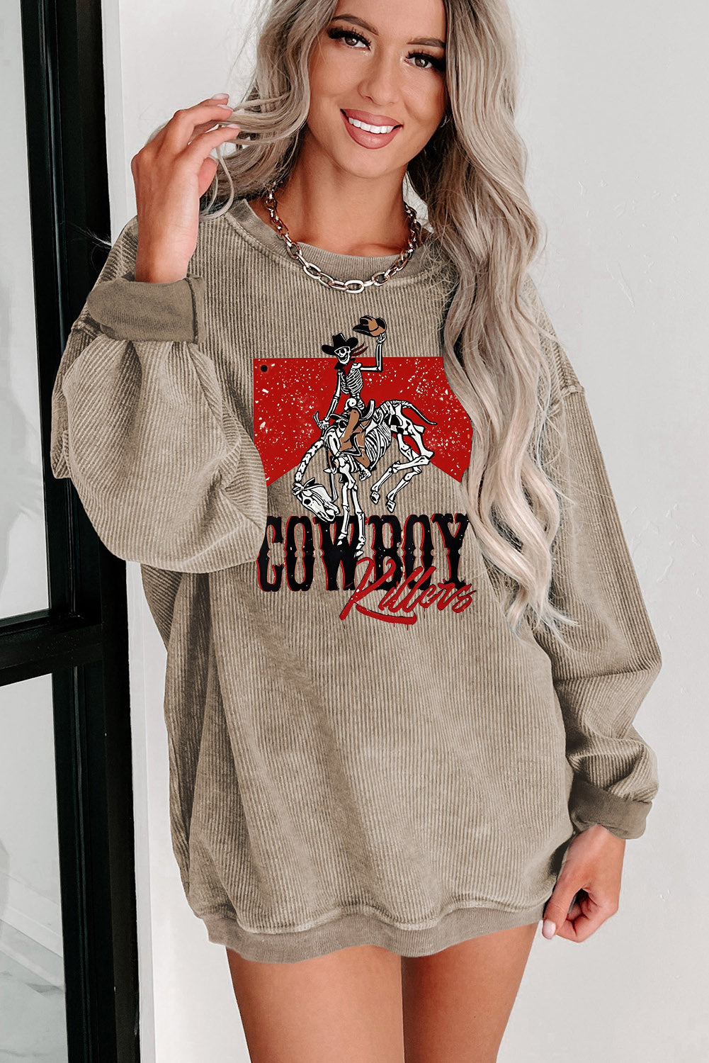 Cowboy Graphic Ribbed Knit Oversized Sweatshirt