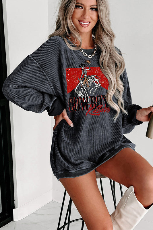 Cowboy Graphic Ribbed Knit Oversized Sweatshirt