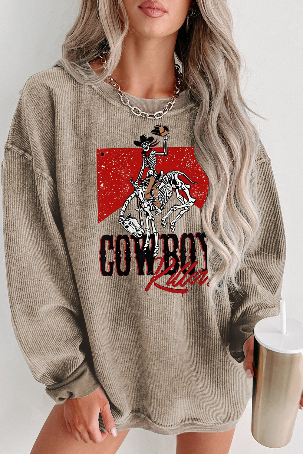 Cowboy Graphic Ribbed Knit Oversized Sweatshirt