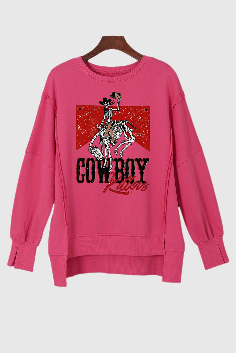Pink Drop Shoulder Longline Western Sweatshirt