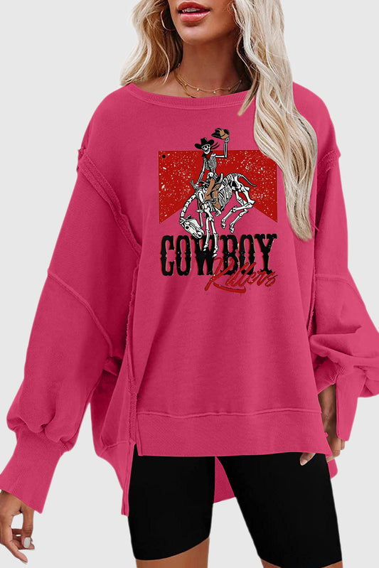 Pink Drop Shoulder Longline Western Sweatshirt