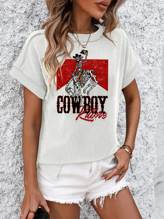 Ribbed Round Neck Tee with Rodeo Graphic