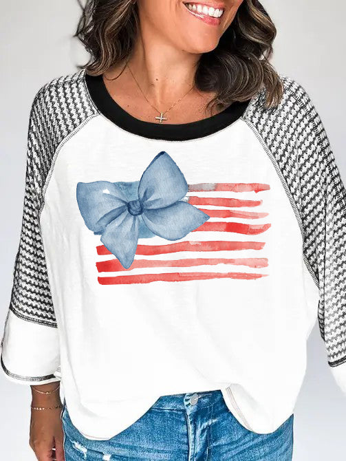 Red Stripe Blue Bow Print Baseball Sleeve Shirt