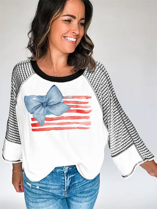 Red Stripe Blue Bow Print Baseball Sleeve Shirt