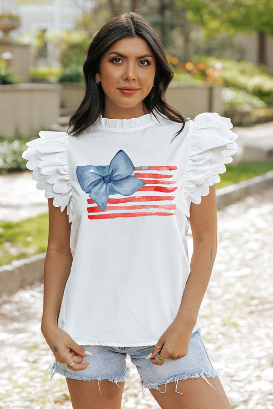 Puff Ruffle Sleeve Tee with Watercolor Flag Design