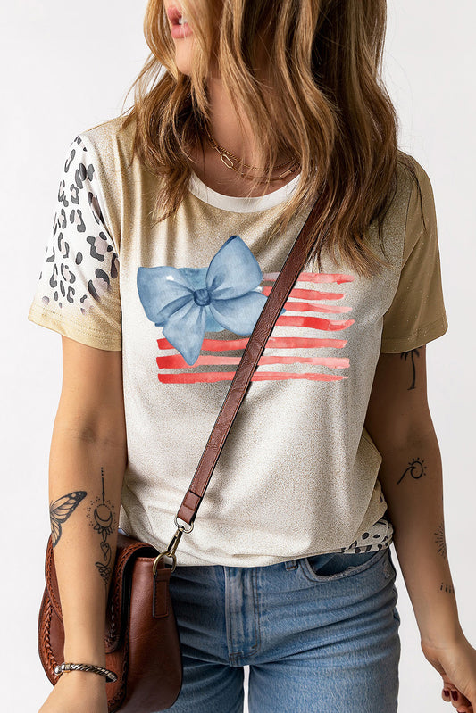 Crew Neck Bleached T Shirt with Leopard Raglan Detail