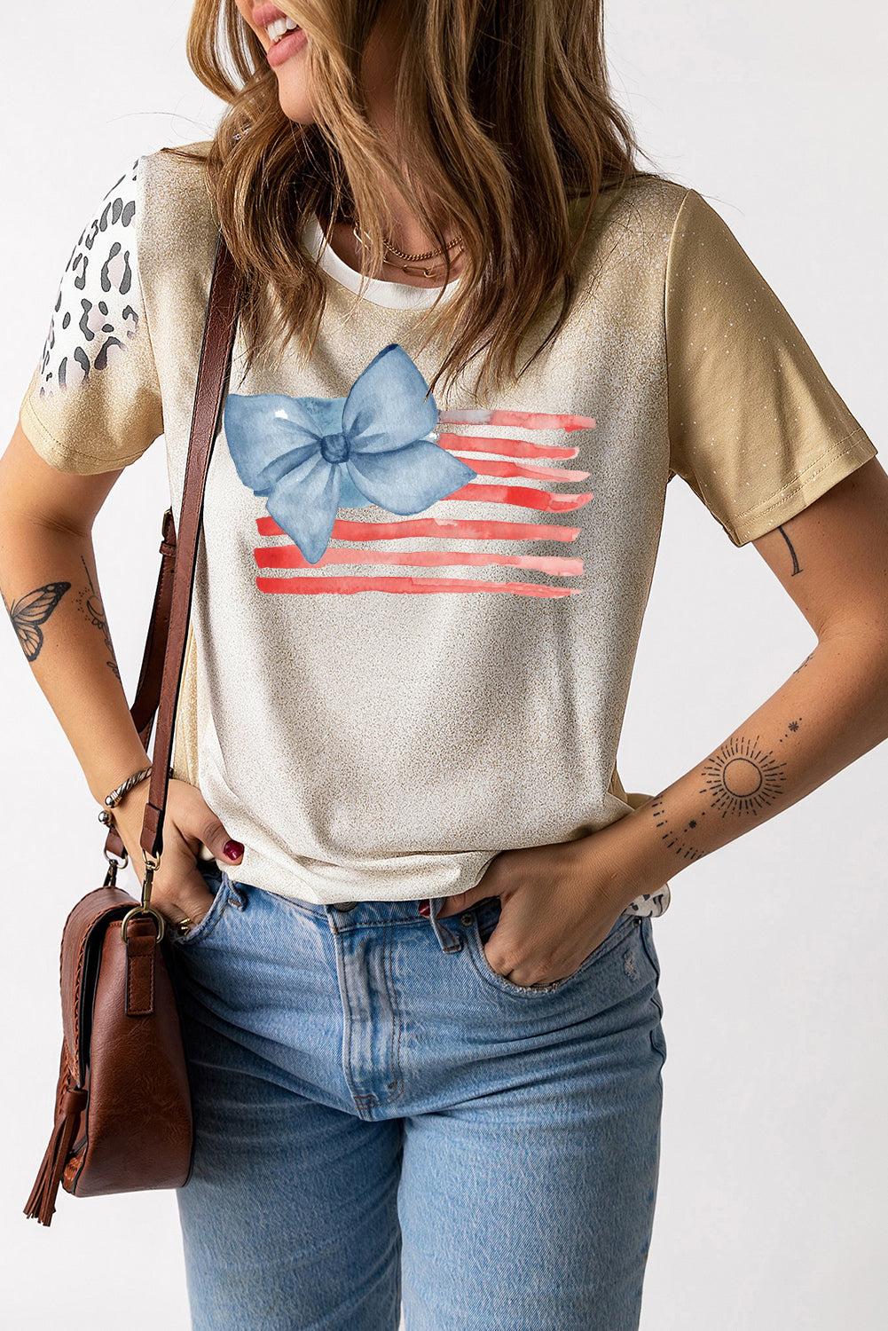 Crew Neck Bleached T Shirt with Leopard Raglan Detail