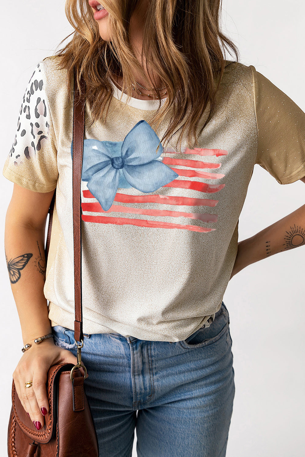 Crew Neck Bleached T Shirt with Leopard Raglan Detail