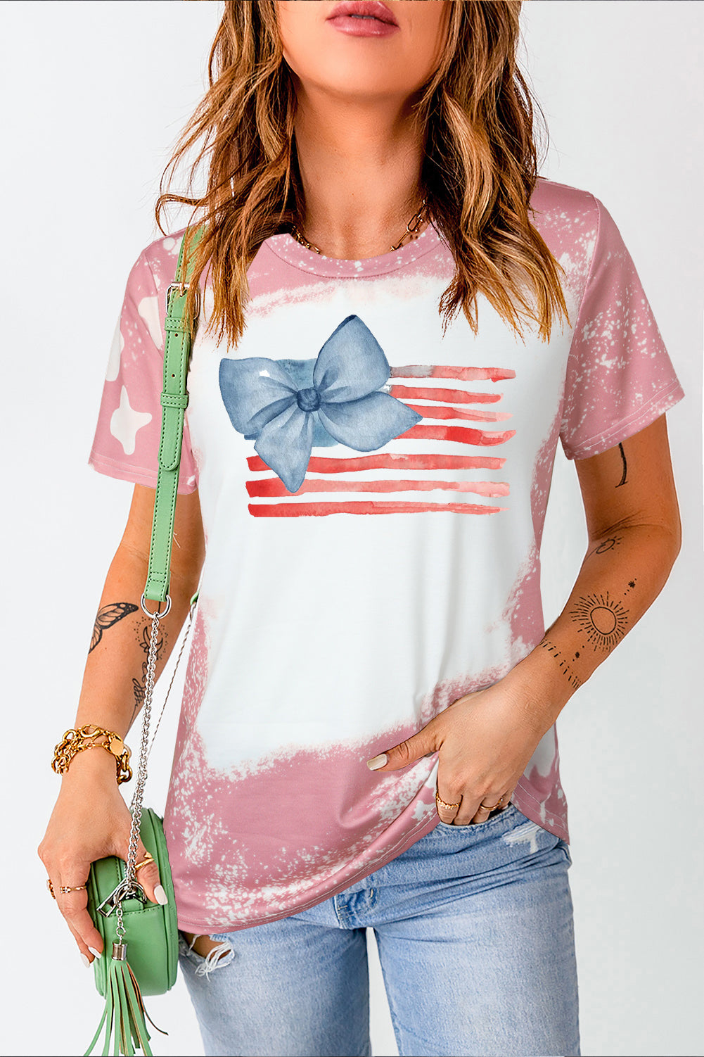 Tie Dye Flag Bow Print Tee with Star Patch Sleeves