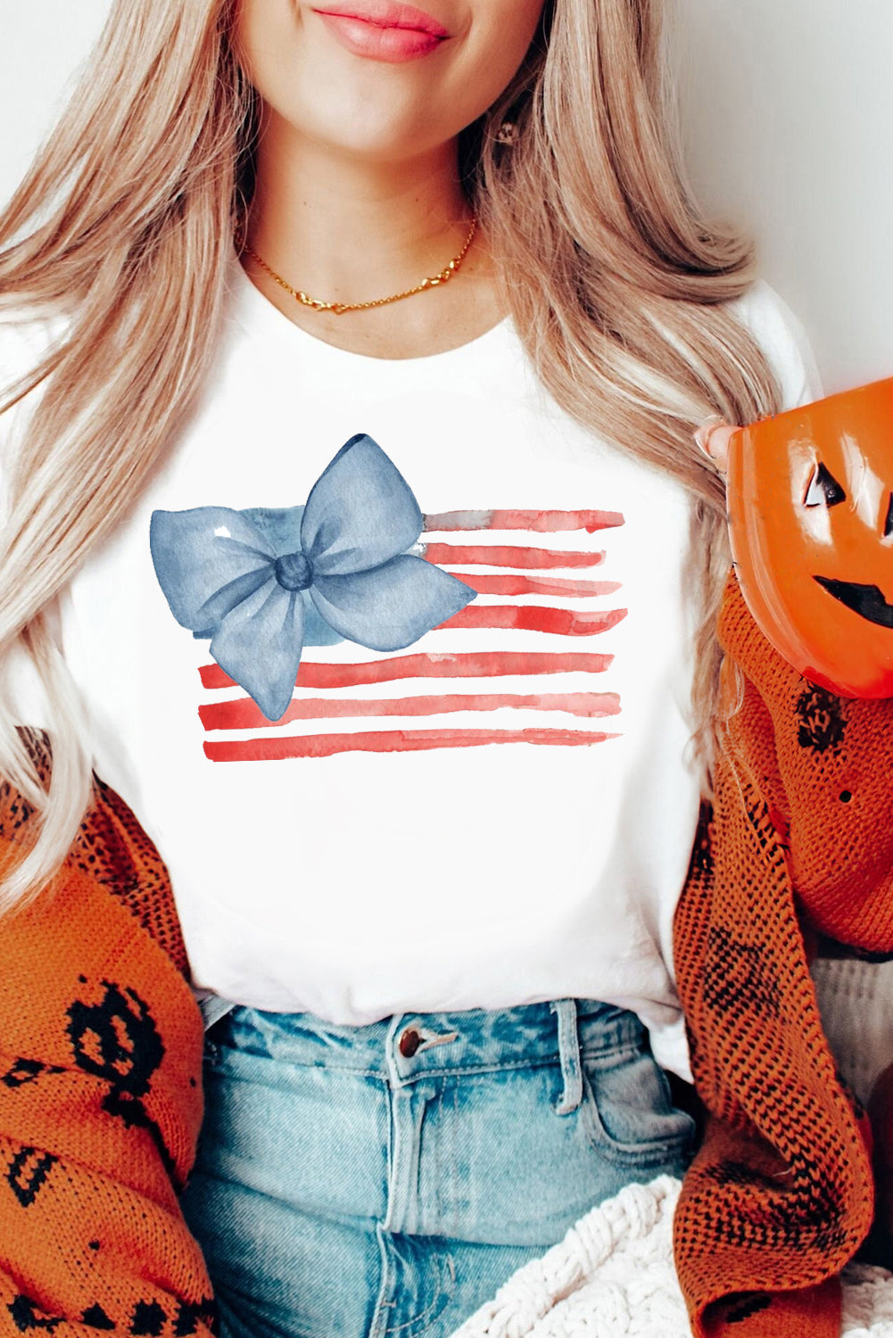 Blue Bow Patriotic Flag Print Casual Crewneck Tee