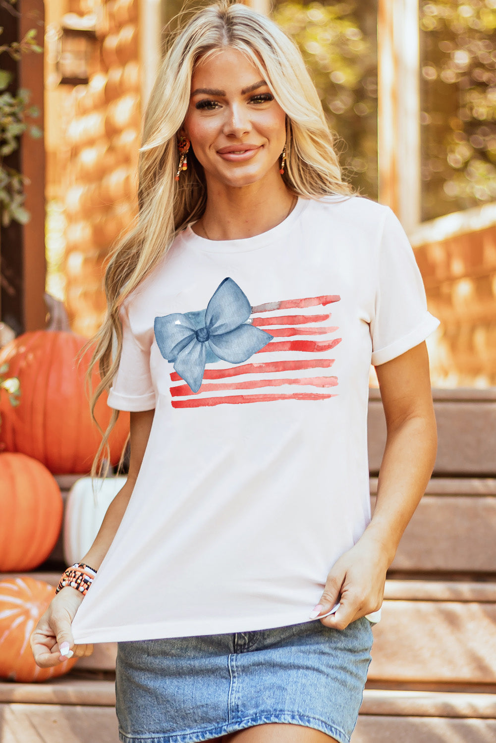 Blue Bow Patriotic Flag Print Casual Crewneck Tee