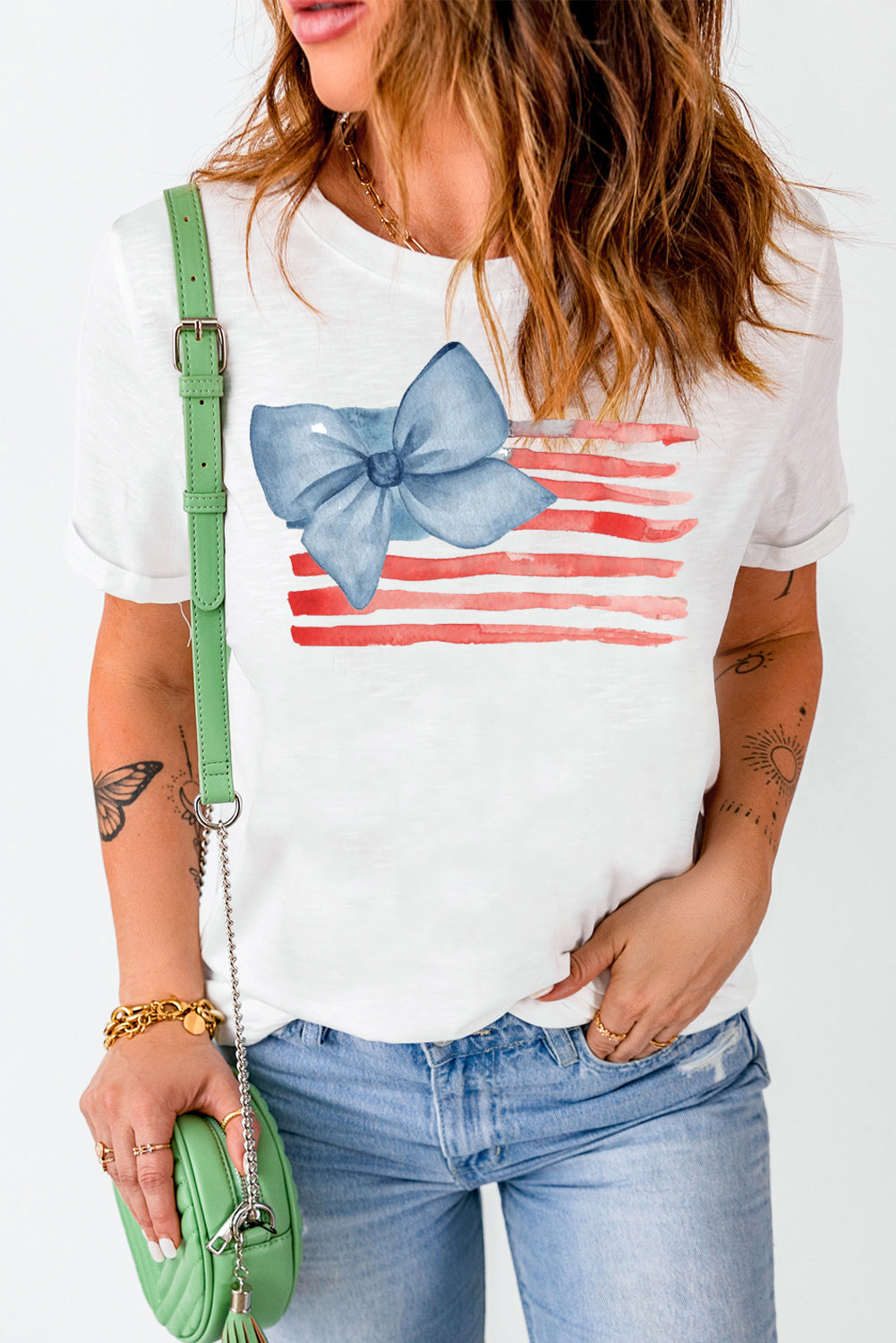 Blue Bow Patriotic Flag Print Casual Crewneck Tee