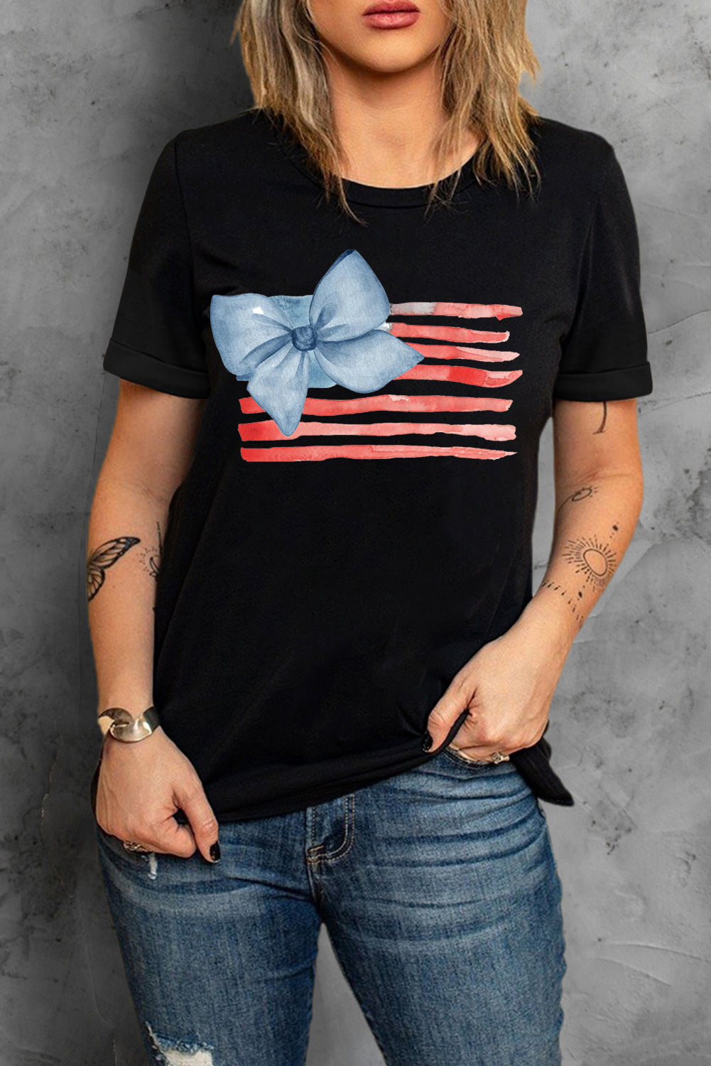 Blue Bow Patriotic Flag Print Casual Crewneck Tee