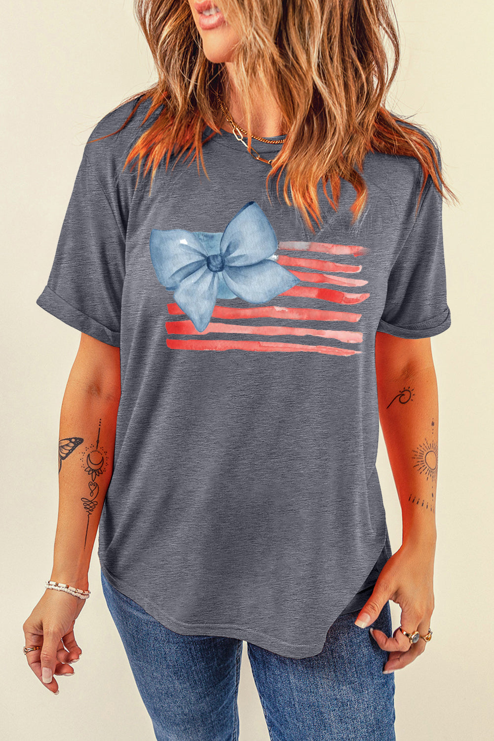 Blue Bow Patriotic Flag Print Casual Crewneck Tee