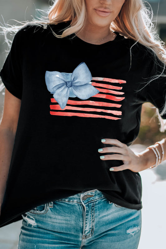 Blue Bow Patriotic Flag Print Casual Crewneck Tee