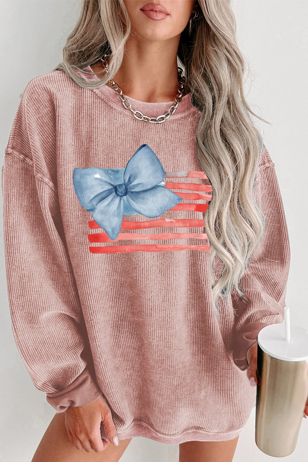 Ribbed Knit Pullover Sweatshirt with Blue Bow Flag
