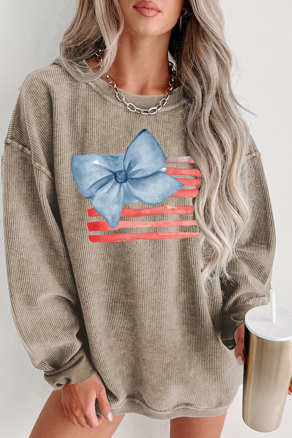 Ribbed Knit Pullover Sweatshirt with Blue Bow Flag
