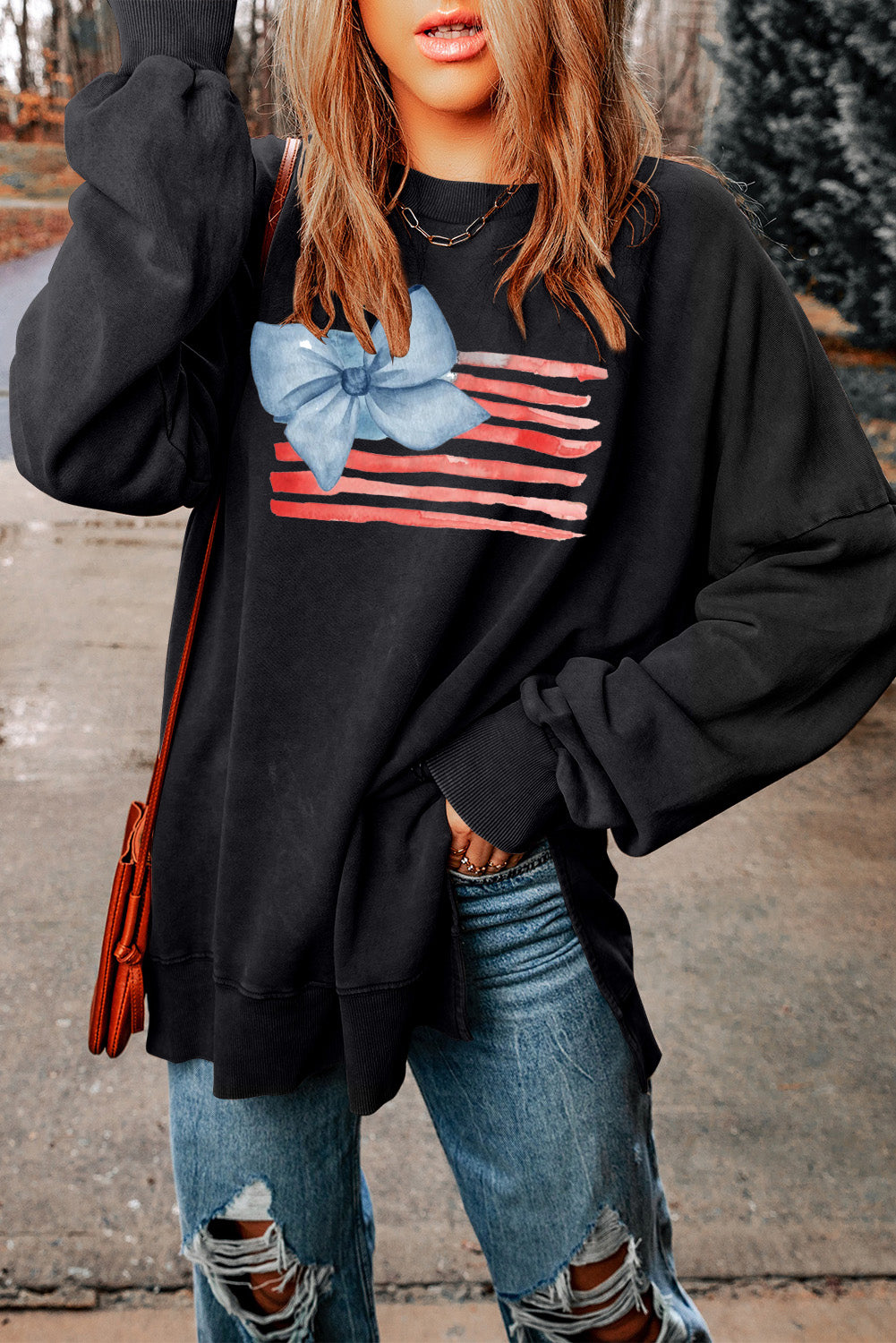 Black Ribbed Trim Pullover with Patriotic Bow Print