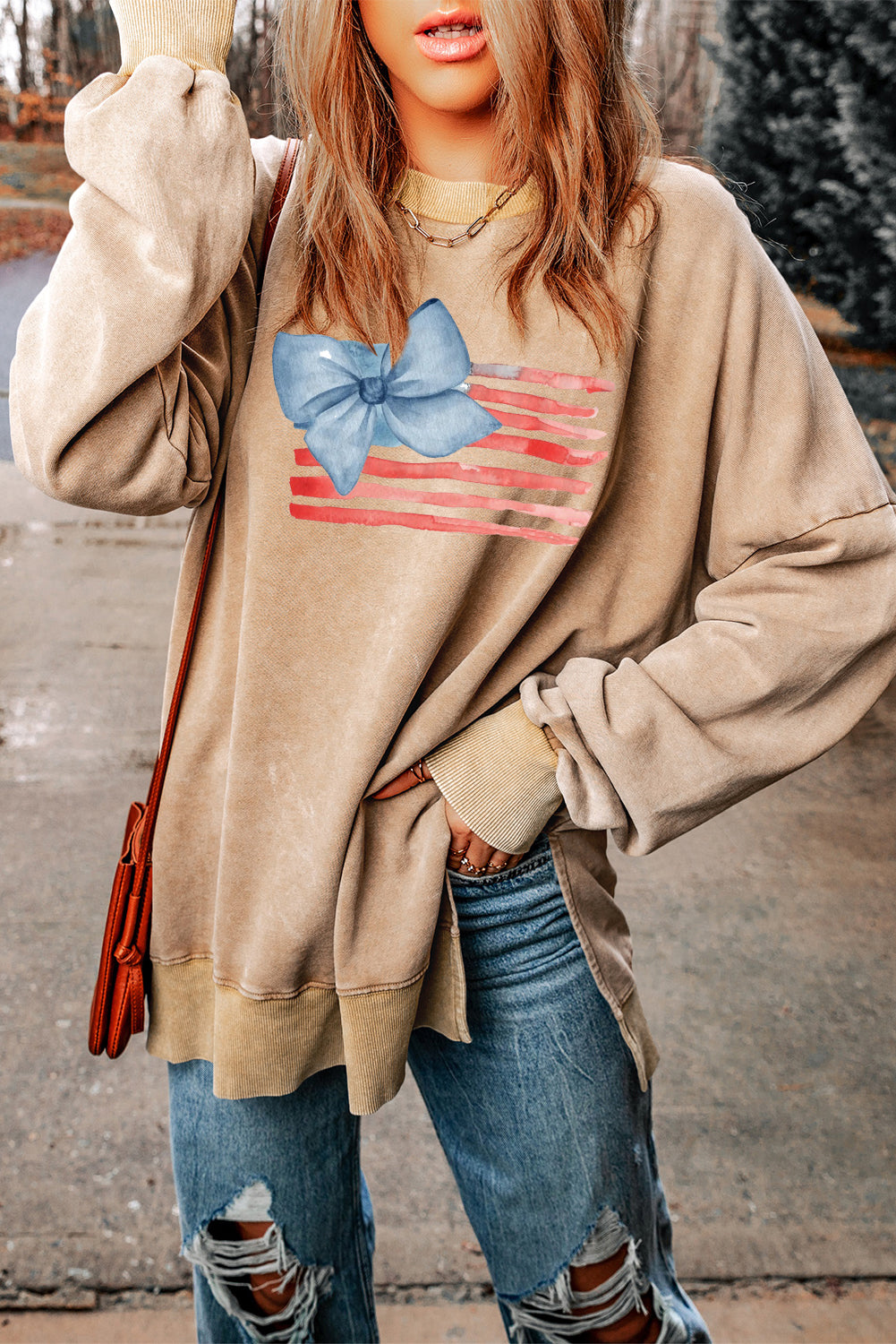 Black Ribbed Trim Pullover with Patriotic Bow Print