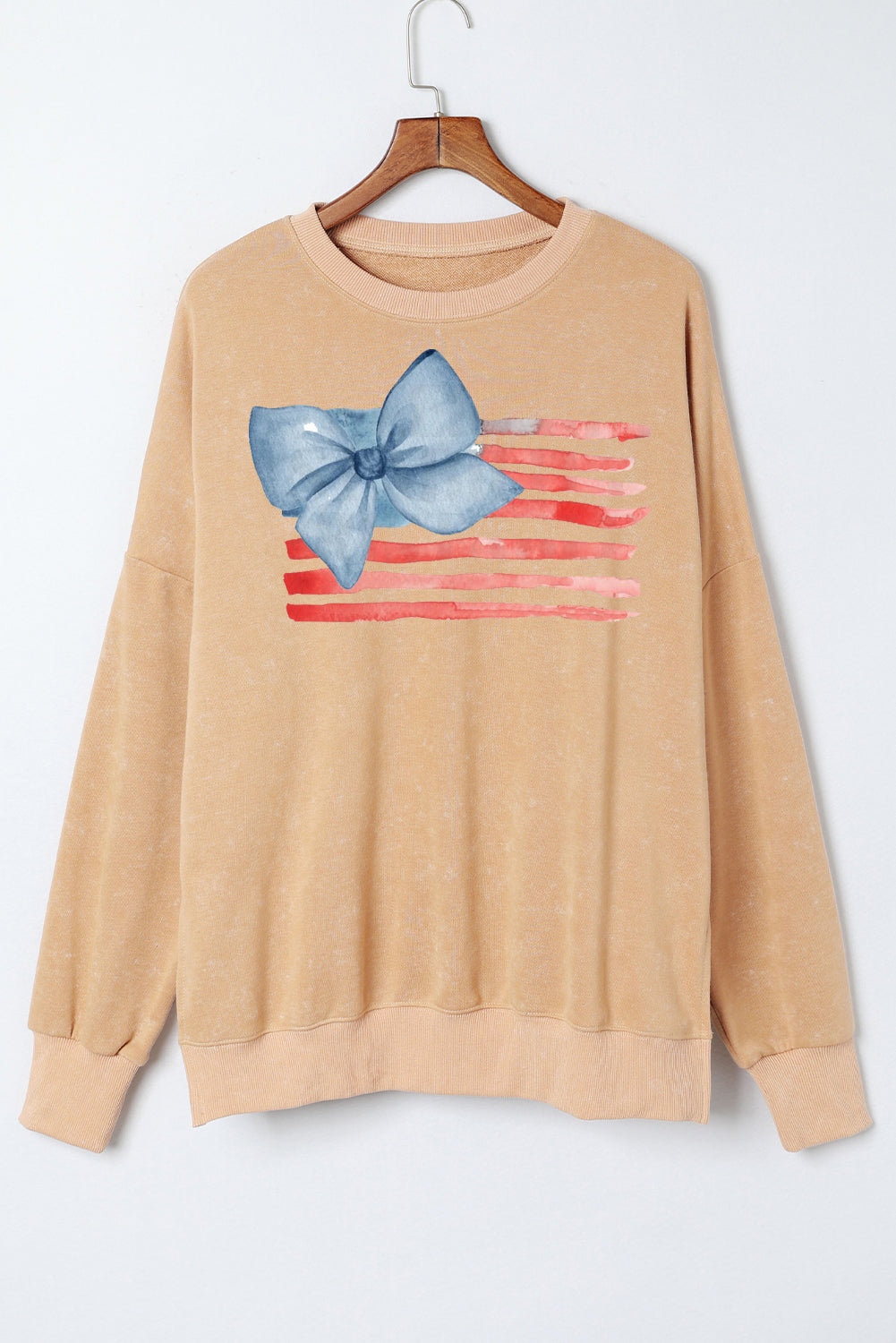 Black Ribbed Trim Pullover with Patriotic Bow Print