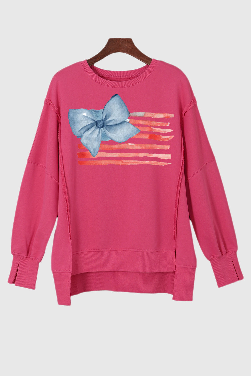 Patriotic Bow Print Slit Hem Oversized Pullover