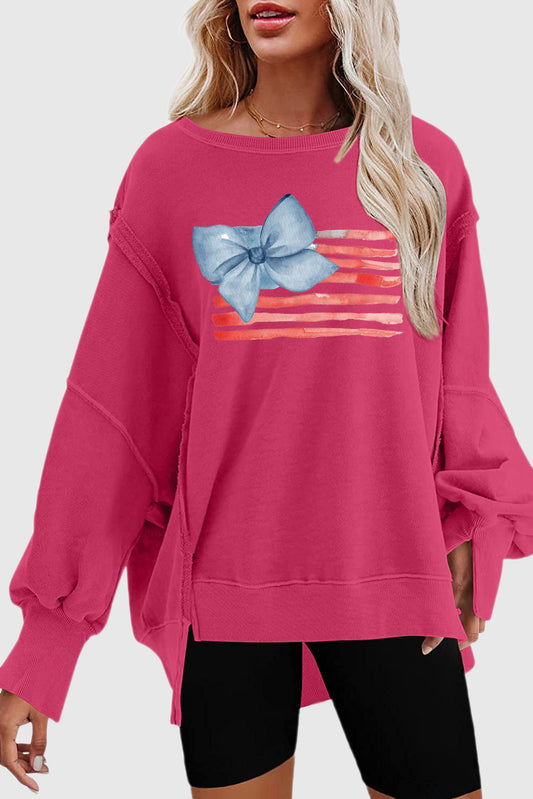 Patriotic Bow Print Slit Hem Oversized Pullover