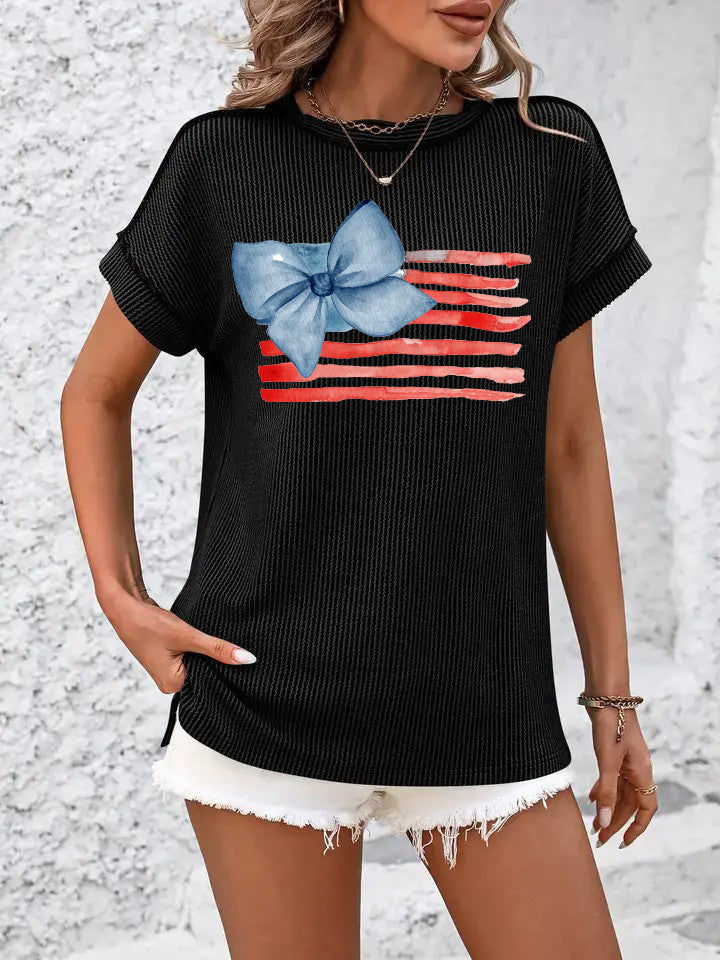 Twisted Ribbed Texture Graphic Tee with Blue Bow Print